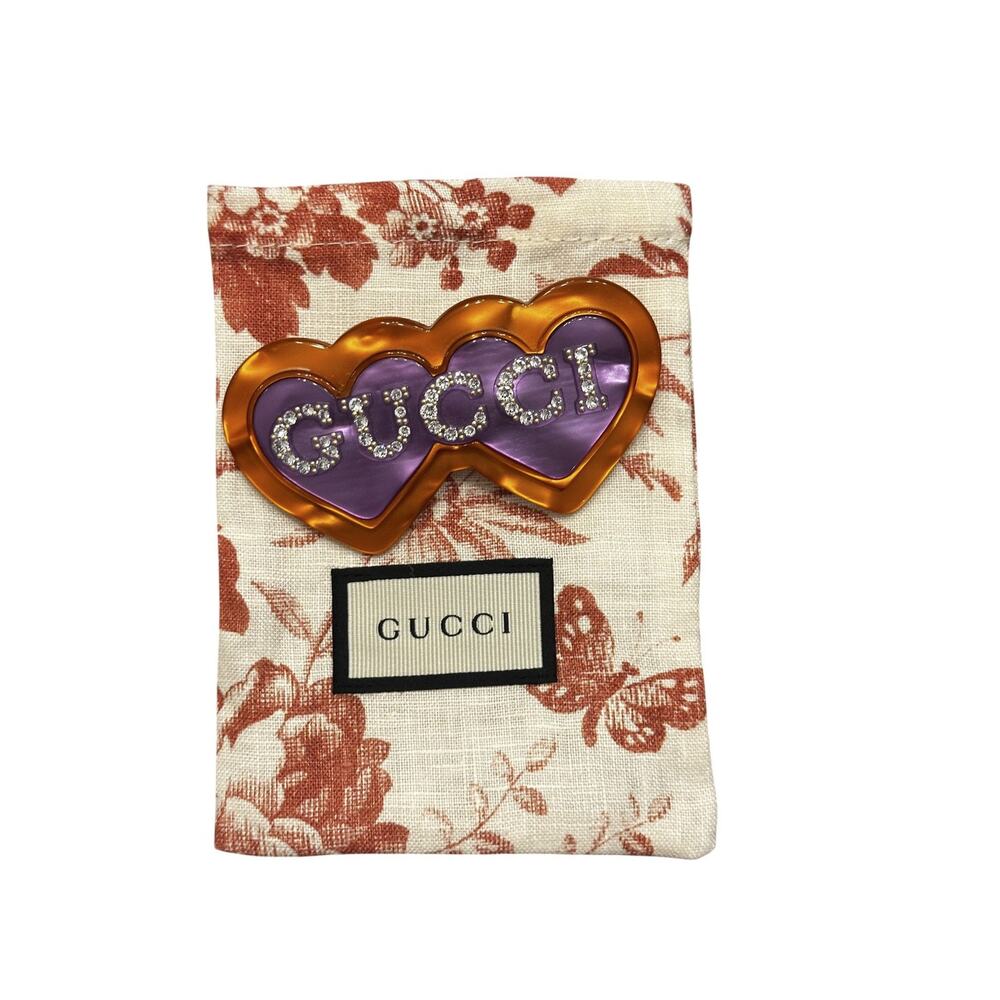 GUCCI Resin & Crystal Double Heart Jewelry Accessory Brooch Pin - Picture 5 of 5